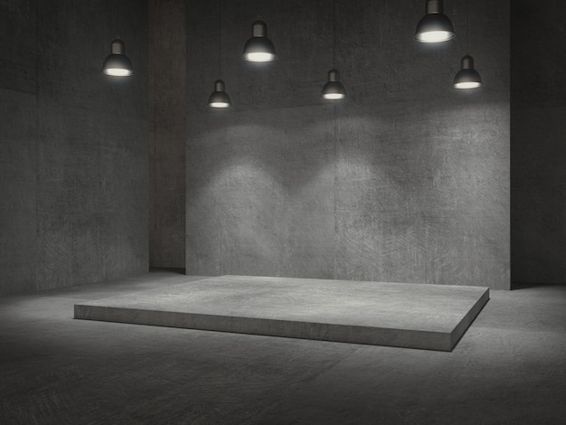 Cementowy cokół oświetlony lampą do pokazania produktu w betonowym pomieszczeniu