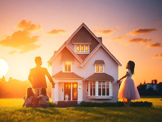 Cenny dom w rękach szczęśliwej rodziny i inwestycja w nieruchomości oraz architektura mieszkaniowa i