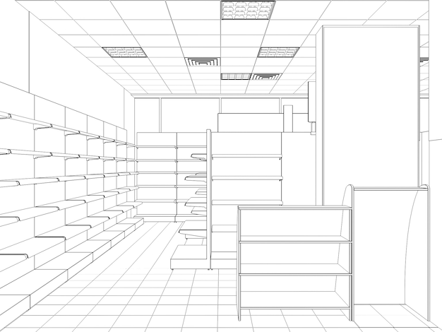 centrum handlowe wizualizacja konturu ilustracja 3D szkic zarys