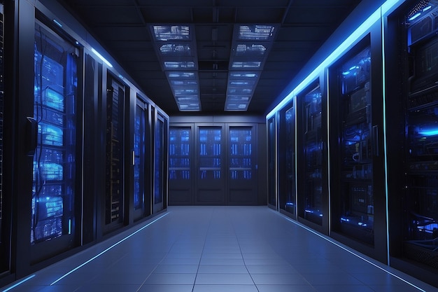 Centrum przechowywania danych duża sala serwerowa z niebieskim neonowym światłem w kinematograficznej atmosferzexxa ar c v