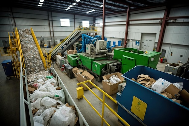 Zdjęcie centrum recyklingu z pojemnikami i maszynami do sortowania różnych rodzajów surowców wtórnych