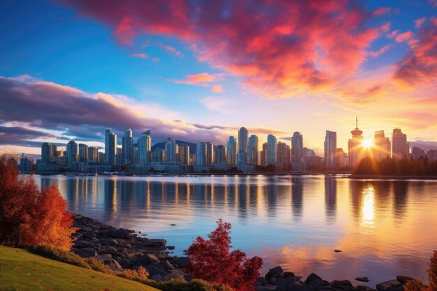 Centrum Vancouver w Kolumbii Brytyjskiej Kanada Zachód słońca nad jeziorem Vancouver Piękny widok na panoramę centrum Vancouver Columbia Brytyjska Kanada AI generowany