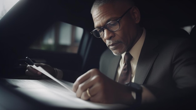 CEO Mężczyzna Afroamerykanin Dojrzały Przeglądanie i podpisywanie dokumentów prawnych w zaparkowanym samochodzie Generative AI AIG22