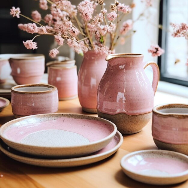 Ceramiczna zastawa stołowa z różowymi kwiatami w wazonie na drewnianym stole