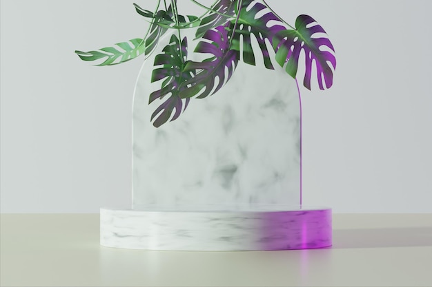 Zdjęcie ceramiczne podium do makiety prezentacji produktu z tropikalnymi liśćmi w tle renderowania 3d