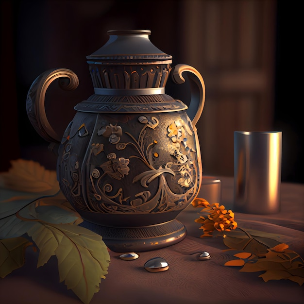 Ceramiczny czajniczek i jesienne liście renderowania 3d