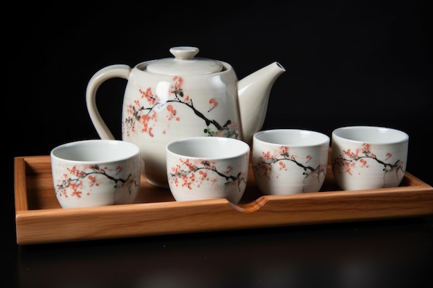 Ceramiczny czajniczek z dopasowanymi filiżankami i spodkami na drewnianej tacy stworzony za pomocą generative ai