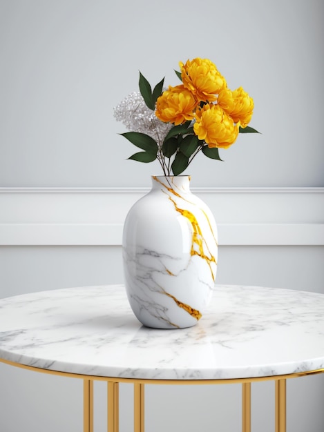 Ceramiczny wazon i bukiet kwiatów na marmurowym stole na białym tle Generative AI