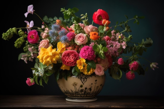 Ceramiczny wazon pełen żywych kwiatów i zieleni stworzony za pomocą generatywnej sztucznej inteligencji