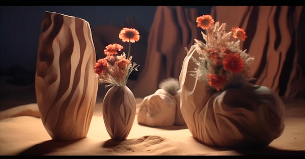 Ceramiczny wazon stoi obok dwóch dużych skał