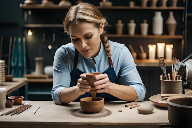 Zdjęcie ceramistka robiąca kubek w studiu kobieta pracująca z gliną podczas klasy mistrzowskiej ceramiki