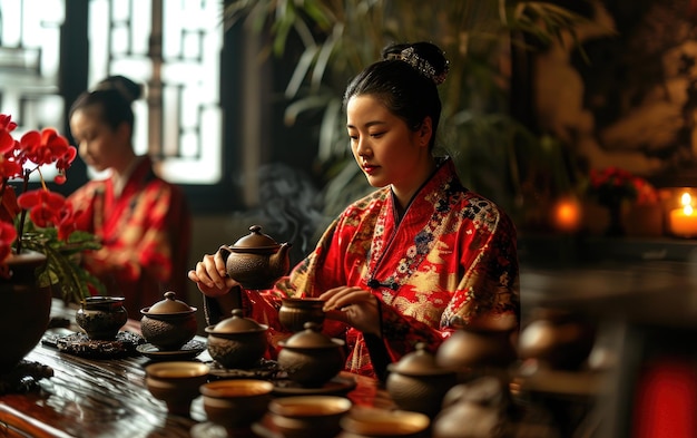 Zdjęcie ceremonia degustacji herbaty na chiński nowy rok