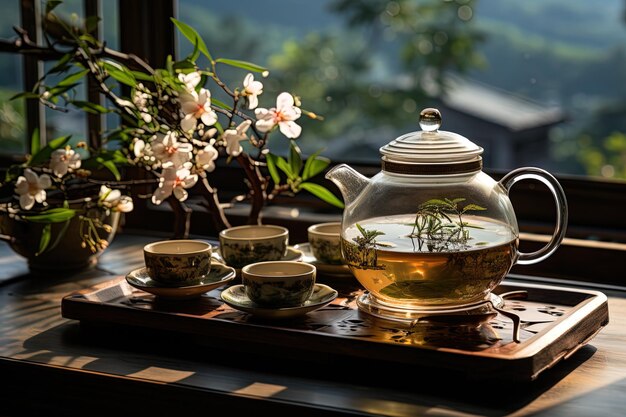 Ceremonia herbaty czajnik i kubki natura poranne światło tło Ai sztuka generatywna