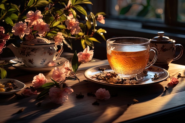 Ceremonia herbaty czajnik i kubki natura poranne światło tło Ai sztuka generatywna