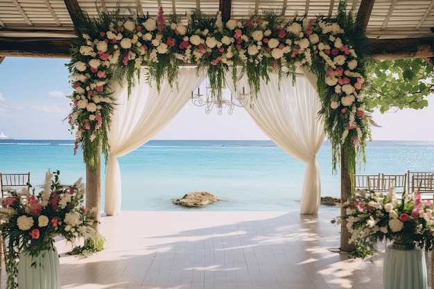 Ceremonia ślubna z kwiatami na plaży z wiszącymi światłami