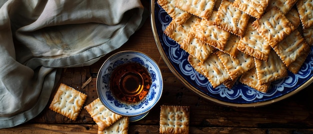 Ceremonialna kolacja z tradycyjnymi przedmiotami Seder