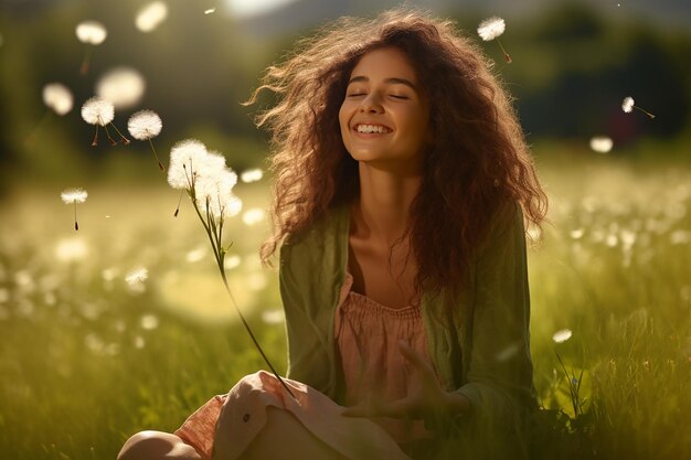 Cesium Serenity Piękna młoda kobieta siedząca na zielonym polu