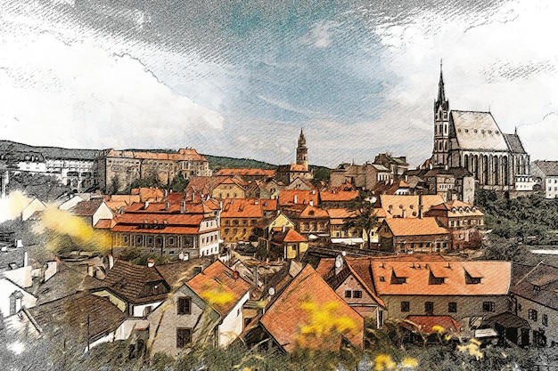 Zdjęcie cesky krumlov republika czeska kolorowy ołówek krajobraz