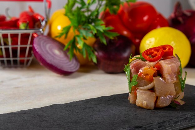 Ceviche z peruwiańskiego jedzenia. Kuchnia peruwiańska i owoce morza.