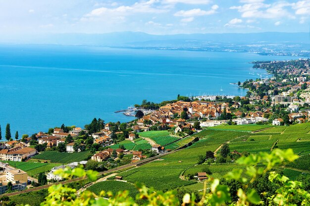 Chalets w Vineyard Terraces szlak turystyczny Lavaux, Jezioro Genewskie i szwajcarskie góry, dzielnica Lavaux-Oron w Szwajcarii