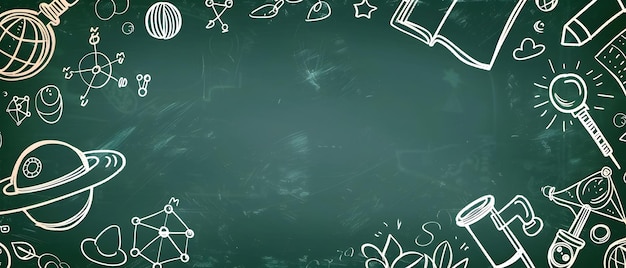 Zdjęcie chalkboard doodle border design z symbolami naukowymi i pustą przestrzeń dla wiadomości back to school