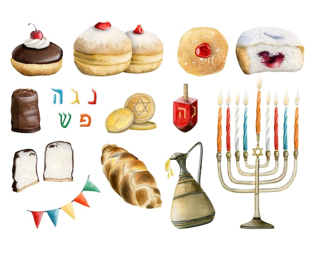 Chanuka akwarela ilustracja zestaw żydowskie pączki, menora, świece, drejdel, chała, monety, hebrajski