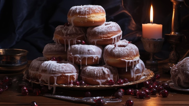 Chanuka sufganiyot Tradycyjne żydowskie pączki na Chanukę z czerwonym dżemem i cukrem pudrem AI