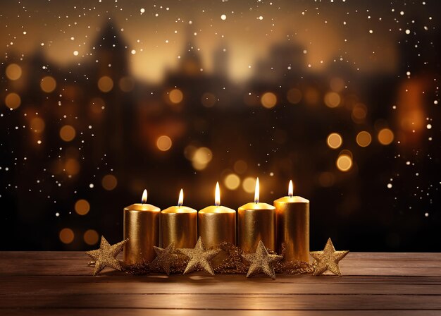 Chanuka to świąteczne święto na stole ze złotymi świecami i złotą gwiazdą