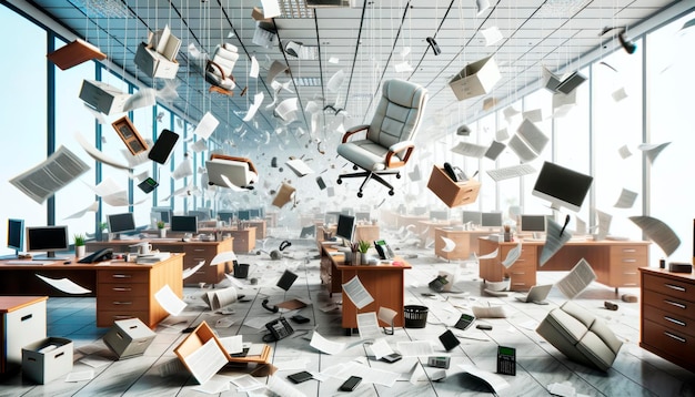 Zdjęcie chaos w koncepcji biura z latającymi meblami i akcesoriami generacyjna ai