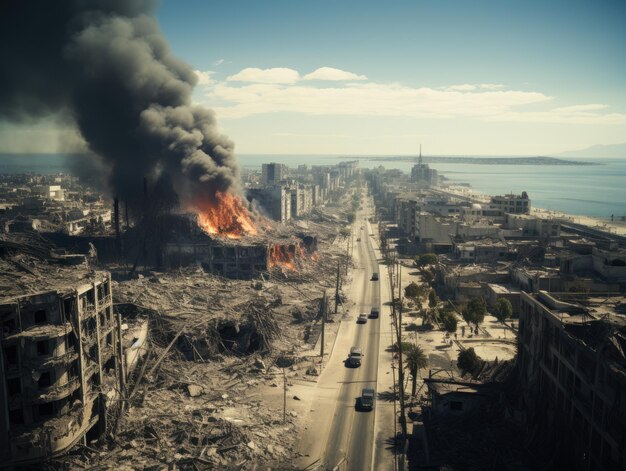 Zdjęcie chaos w wojnie po tym, jak pocisk uderzył w budynek i zniszczył wszystko.