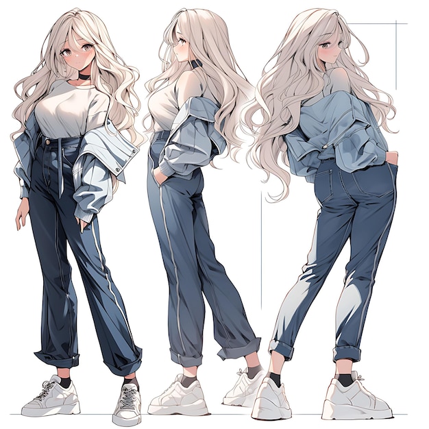 Character Anime Concept Modna, wysoka dziewczyna z modnym, swobodnym strojem, modnym i F Sheet Art