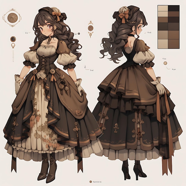 Character Anime Concept Petite Female With a Corseted Dress Steampunk Style Young Ad Sheet Art