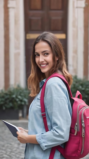 Charyzmatyczna, radosna, europejska kobieta nosi plecak i notatniki, gdy idzie na następny wykład, uśmiechając się szczęśliwie.