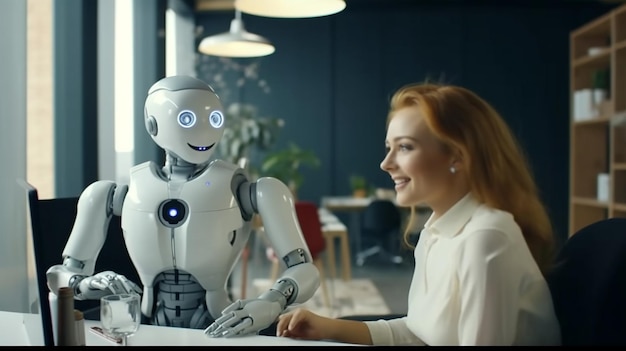 Chat GPT chat bot i kobieta uśmiecha się w biurze AI robot do komunikacji asystent pracy