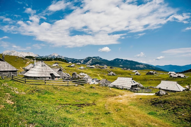 Chata górska lub dom na wzgórzu Velika Planina alpejski krajobraz łąki Rolnictwo ekologiczne Cel podróży dla rodzinnych wędrówek Alpy Kamnickie Słowenia Wielki Płaskowyż