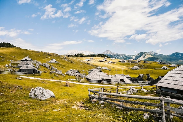 Chata górska lub dom na wzgórzu Velika Planina alpejski krajobraz łąki Rolnictwo ekologiczne Cel podróży dla rodzinnych wędrówek Alpy Kamnickie Słowenia Wielki Płaskowyż