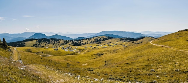 Chata górska lub dom na wzgórzu Velika Planina alpejski krajobraz łąki Rolnictwo ekologiczne Kamnik Alpy Słowenia Wielki płaskowyż Panorama banner