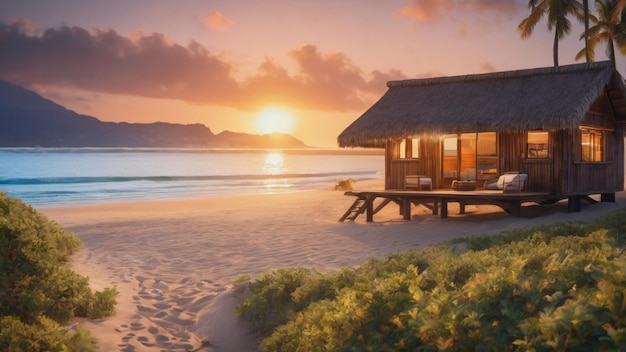 Chata na plaży na tle wschodzącego słońca, architektura 3D renderuje tętniącą życiem dziką przyrodę