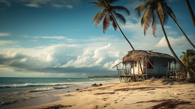 Chata plażowa na plaży z drzewami palmowymi na tle