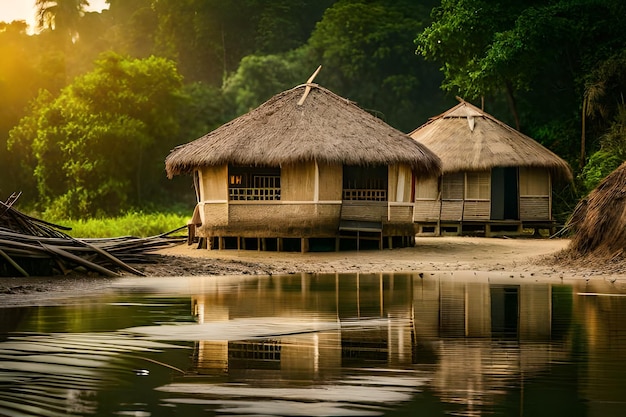 chata pokryta strzechą stoi na wodzie