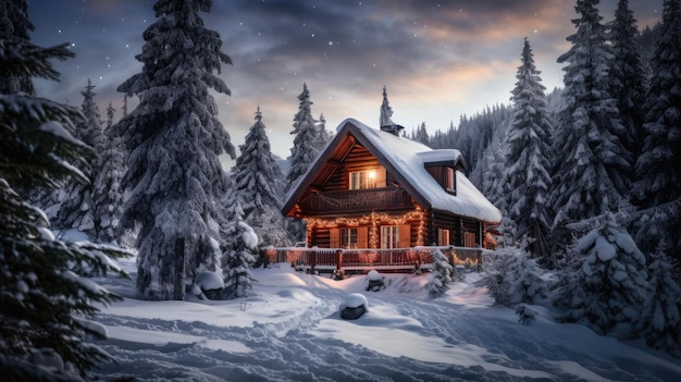 chata z bali w zimowym lesie