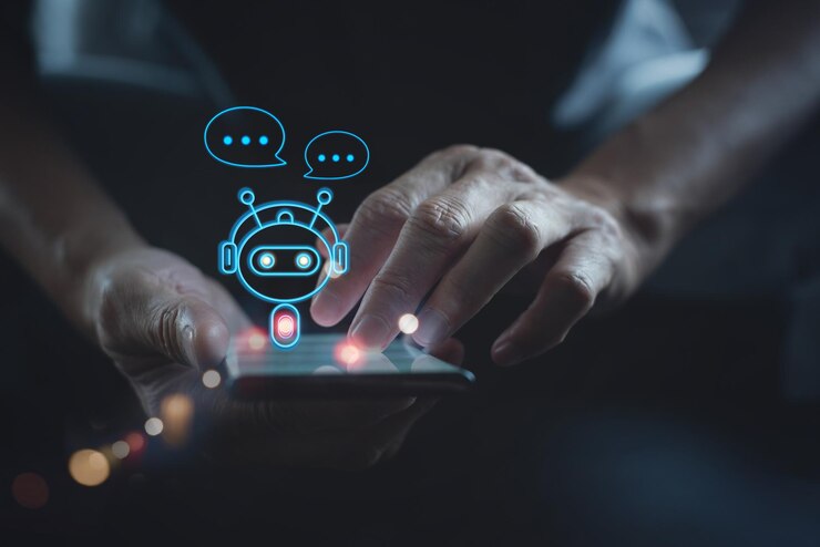 Zdjęcie chatbot cyfrowy: aplikacja robota, asystent rozmowy, sztuczna inteligencja, innowacyjność i koncepcja technologiczna