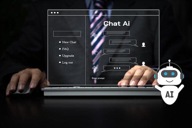 Chatbot konwersacja Ai Technologia sztucznej inteligencji obsługa klienta onlineAplikacja robota chatbota cyfrowego OpenAI generuje technologię futurystyczną Wirtualny asystent w Internecie