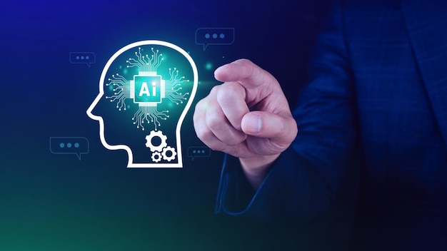 ChatGPT Rozmowa z AI lub sztuczną inteligencją za pomocą ikony dotykowej AI na wirtualnym ekranie aplikacja robota cyfrowy chatbot OpenAI generuje futurystyczną koncepcję technologii