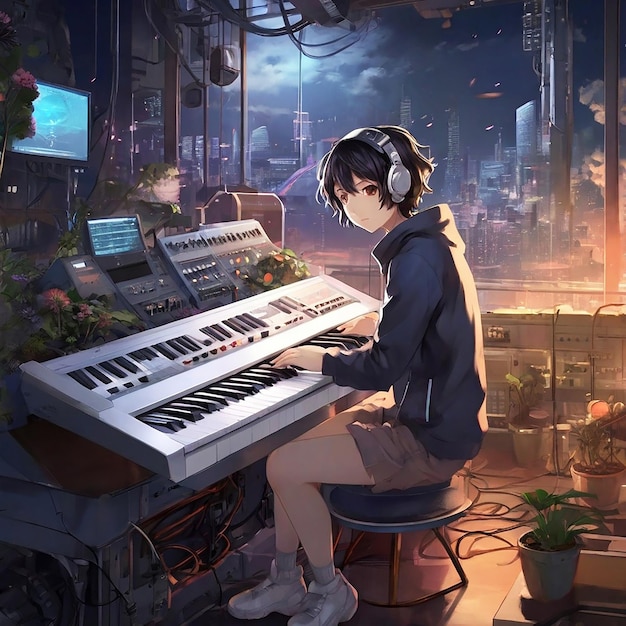 Chcę postać anime tworzącą muzykę z analogowym syntezatorem atmosfera jest futurystyczna Gene