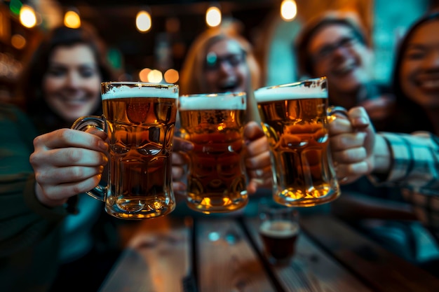 Cheers and Beers Młodzi przyjaciele świętują Happy Hour przy stole w Brewery Pub