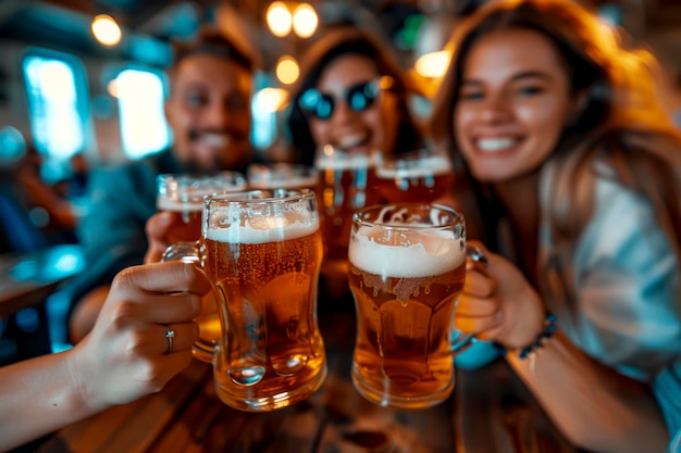 Cheers to Good Times Młodzi przyjaciele świętują Happy Hour w Brewery Pub z piwem i śmiechem przyjmując kulturę i styl życia młodzieży