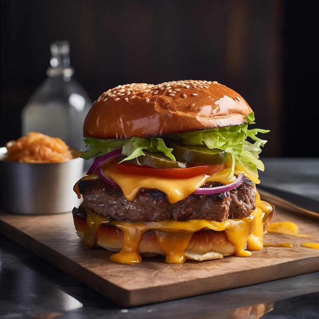 Zdjęcie cheeseburger amerykański cheeseburger z złotymi frytkami na drewnianej desce ai generative