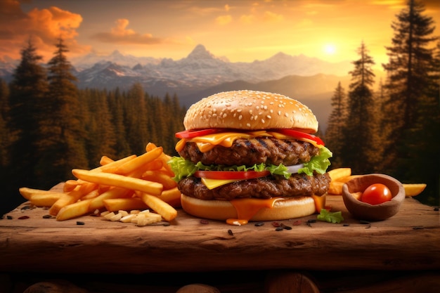 Zdjęcie cheeseburger amerykański cheeseburger z złotymi frytkami na drewnianej desce