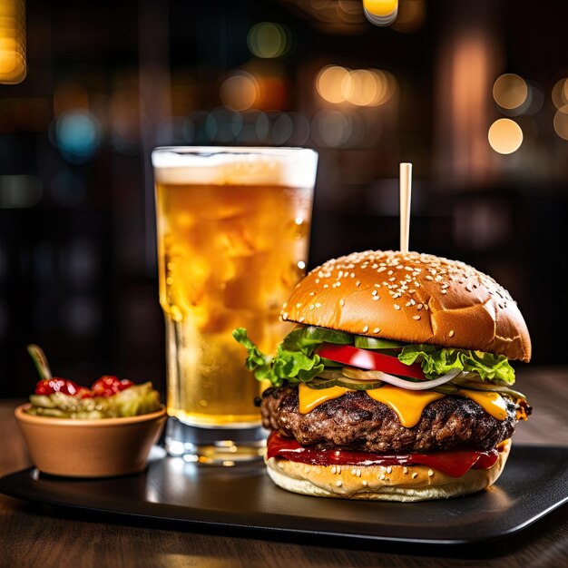 Zdjęcie cheeseburger i napój zamazują restaurację w tle